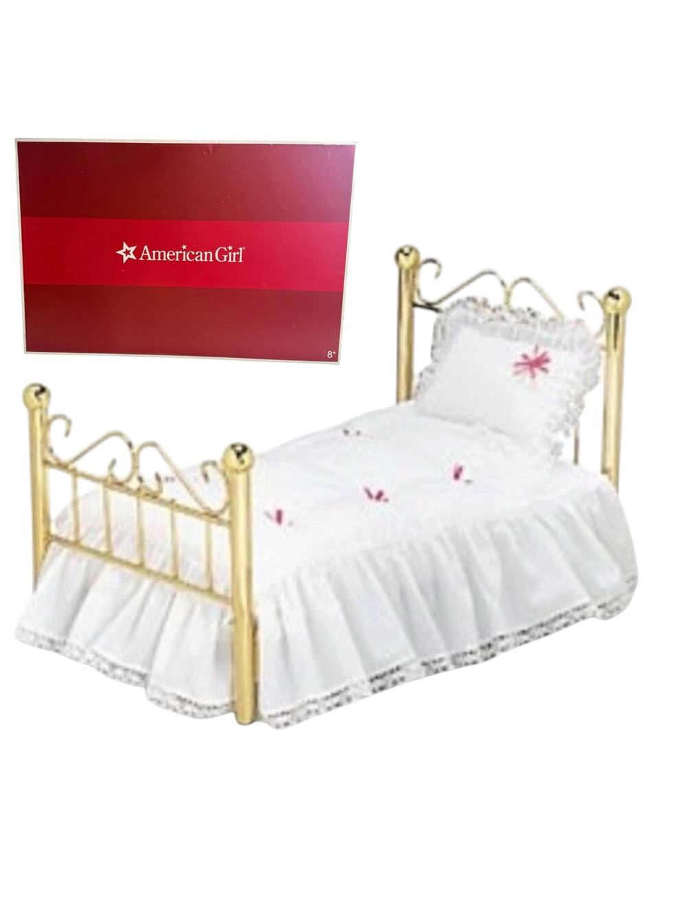 American Girl Samantha Doll Bed Brass Metal Frame Lace Pillow Quilt Mattress Box